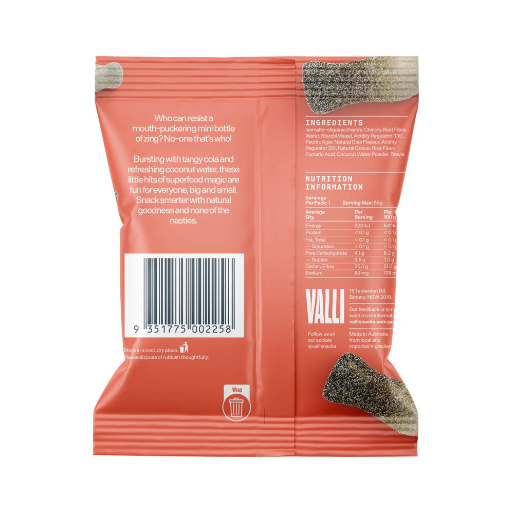 Valli Snacks Lollies Sour Cola Bottles with Coconut Water Sugar Free 50g