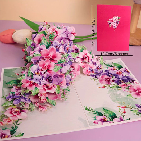 1pc Elegant Orchid Pop-Up Greeting Card – Handcrafted with Pink & Purple Flowers, Green Leaves