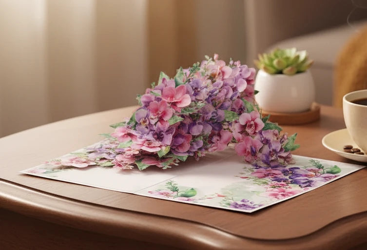 1pc Elegant Orchid Pop-Up Greeting Card – Handcrafted with Pink & Purple Flowers, Green Leaves