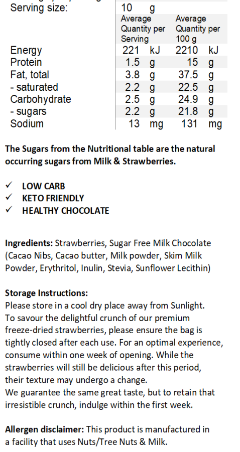 Handcrafted Keto Milk Chocolate - Coated ORGANIC Freeze Dried Strawberries 150g BACK & BETTER
