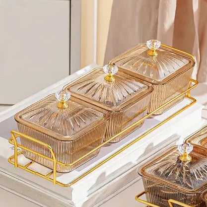 Luxurious Amber Snack Storage Set – 3 Square Plastic Containers with Lids, Gold – Elegant Organizer for Nuts, Dried Fruits & More