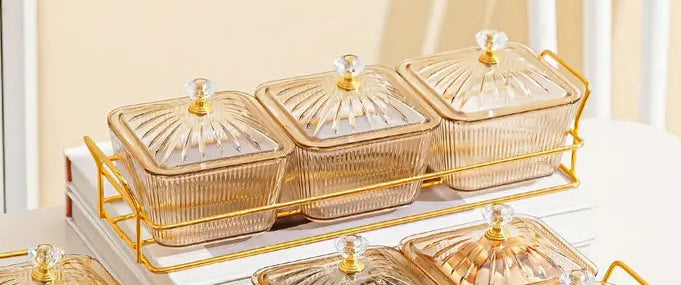 Luxurious Amber Snack Storage Set – 3 Square Plastic Containers with Lids, Gold – Elegant Organizer for Nuts, Dried Fruits & More