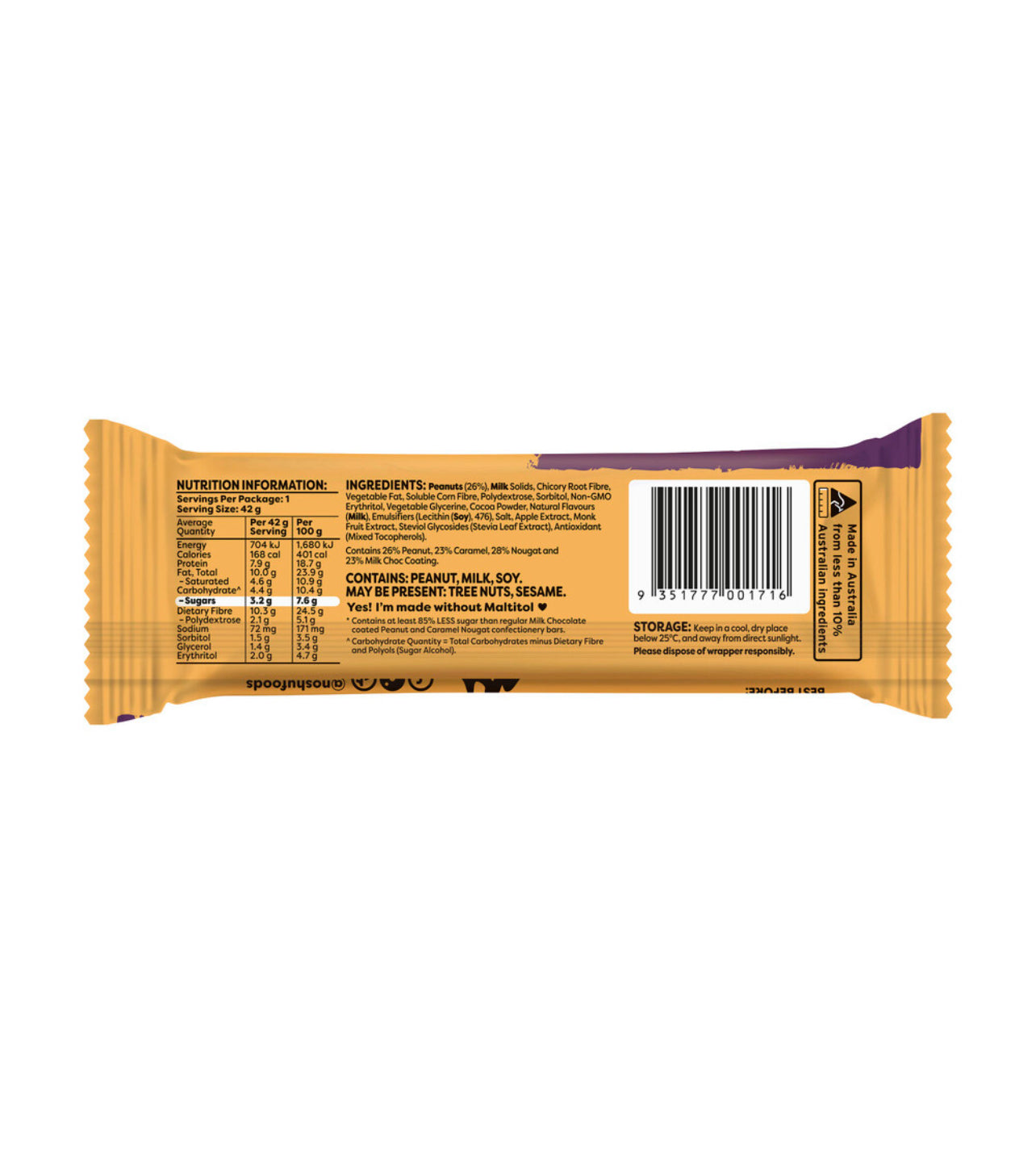 Noshu Milk Chocolate Peanut & Caramel Nougat Bar 42g