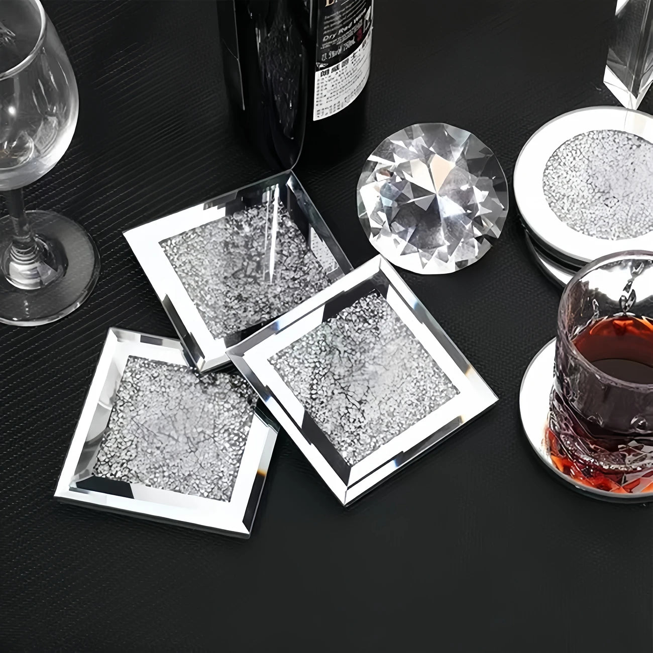 4pcs Crystal Glass Mirror Coasters – Square with Diamond Detailing | Elegant Table, Gifting & Party Decor