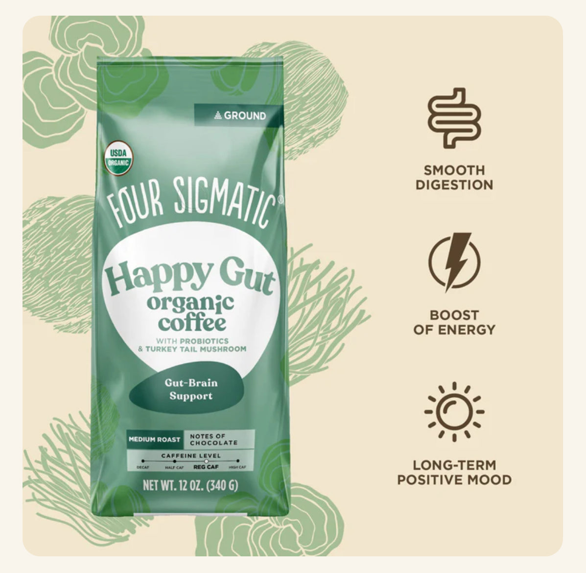 Four Sigmatic Organic Coffee Happy Gut probiotics, prebiotics, turkey tail and chaga mushrooms Ground Coffee for drip coffee maker, French press, or pour-over 340g