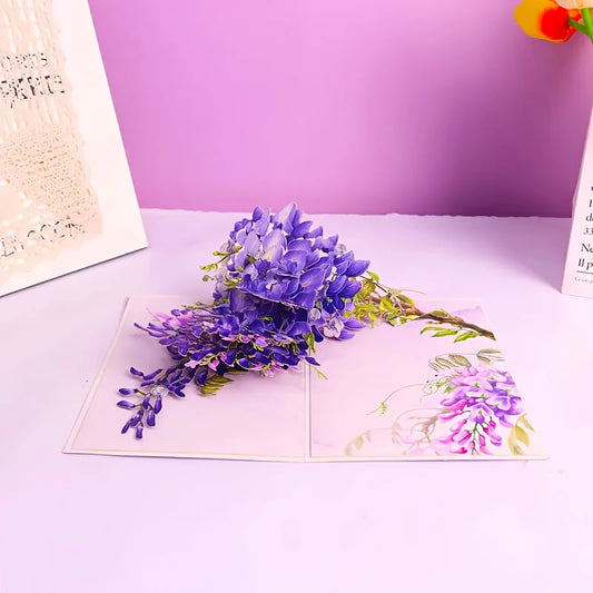 3D Wisteria Flower Pop-Up Greeting Card – Purple Floral Design with Green Leaves – Elegant Paper Card for any occasion