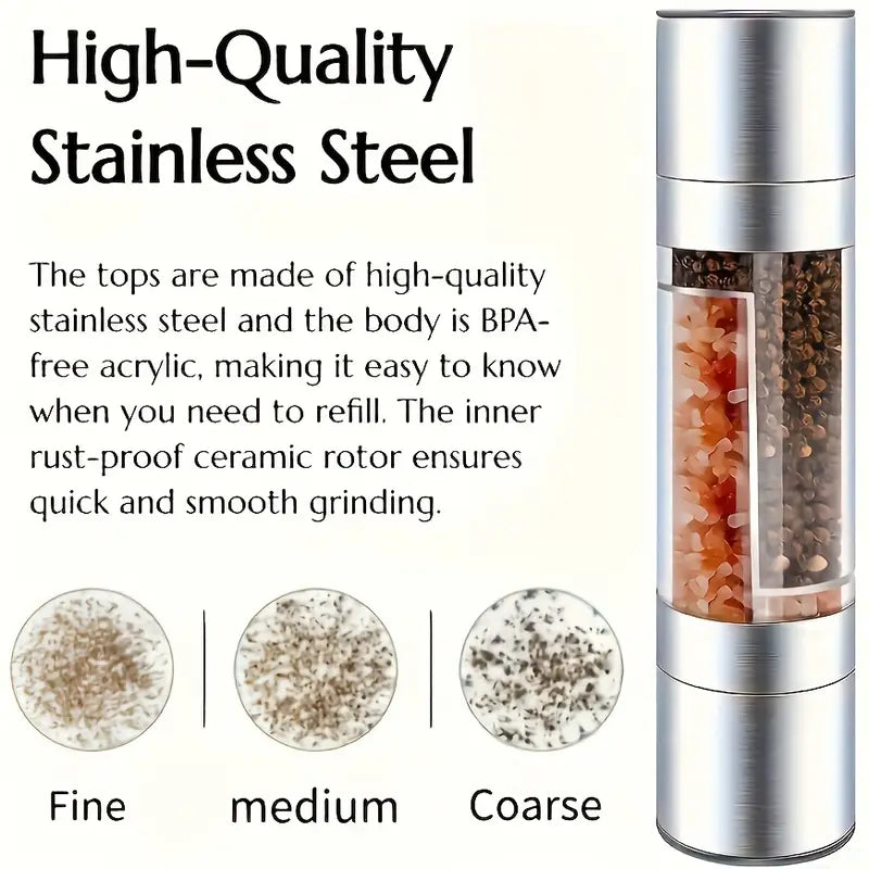 2-in-1 Stainless Steel Manual Coarse Celtic Salt and Pepper Grinder – Dual-Chamber Spice Mill with Adjustable Coarseness, No batteries Required