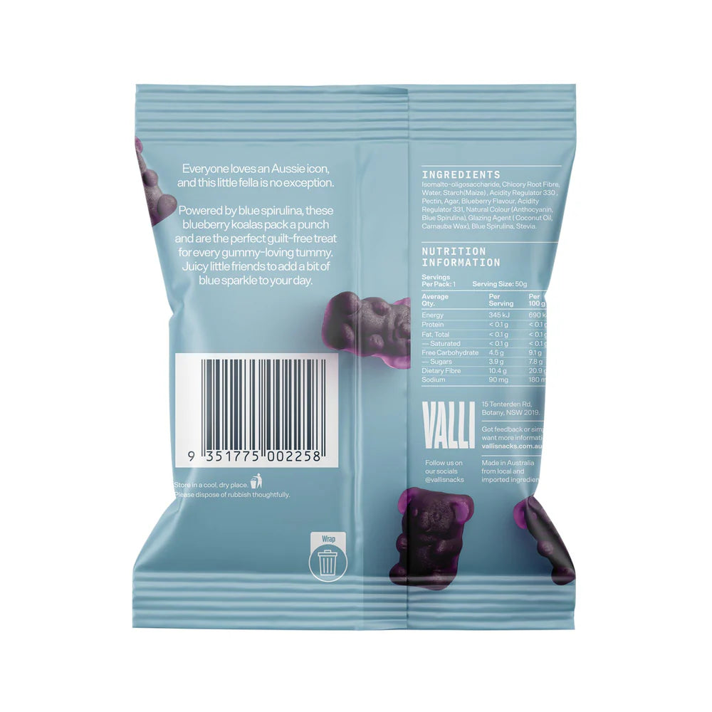 Valli Snacks Lollies Blueberry Koala Bears with Blue Spiralina Sugar Free 50g