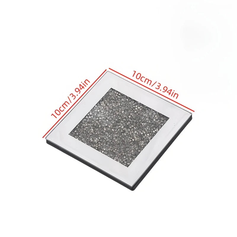 4pcs Crystal Glass Mirror Coasters – Square with Diamond Detailing | Elegant Table, Gifting & Party Decor