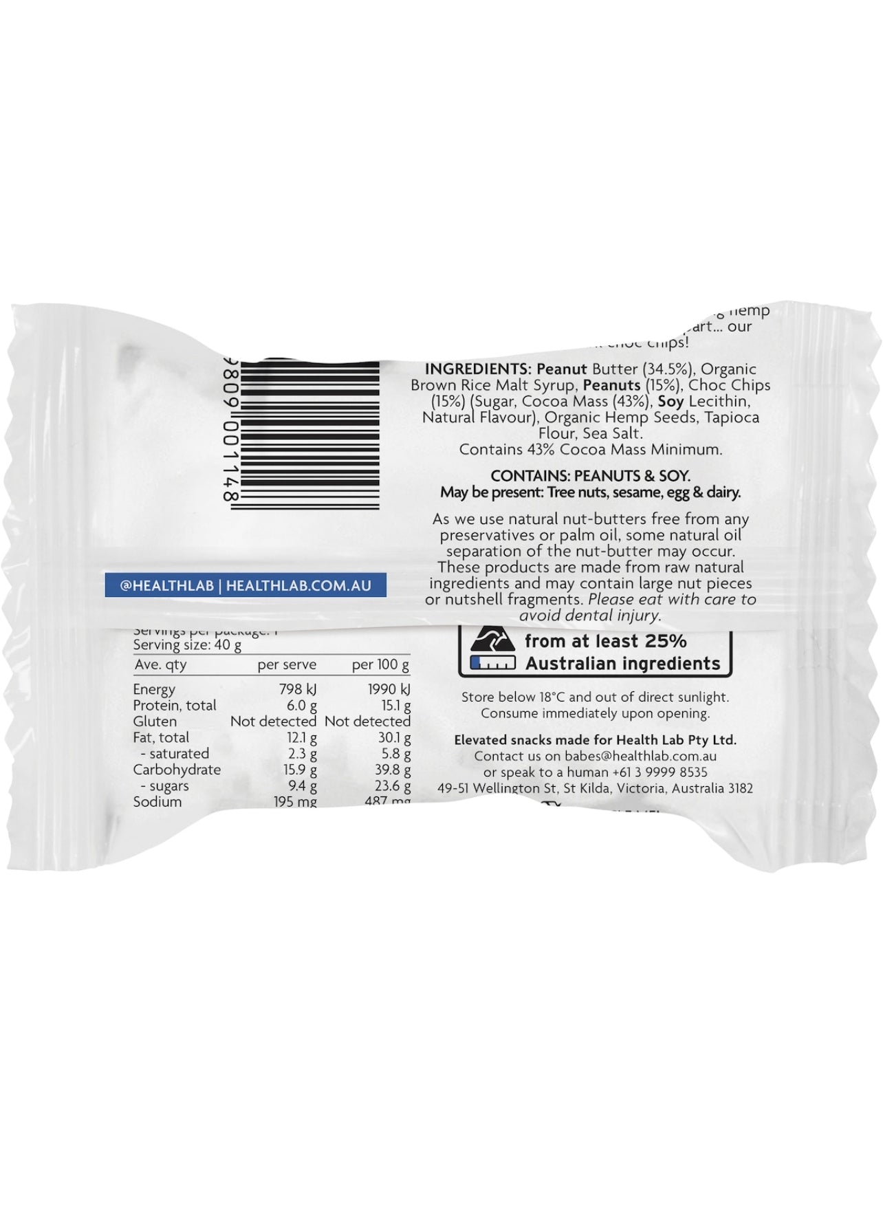 Health Lab Chewy Choc Chip Peanut Butter Protein Ball 40g