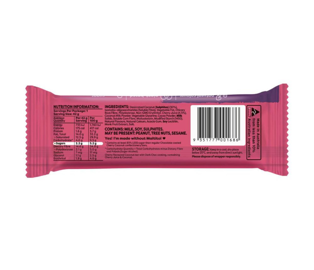 Noshu Dark Chocolate Cherry & Coconut Bar 42g