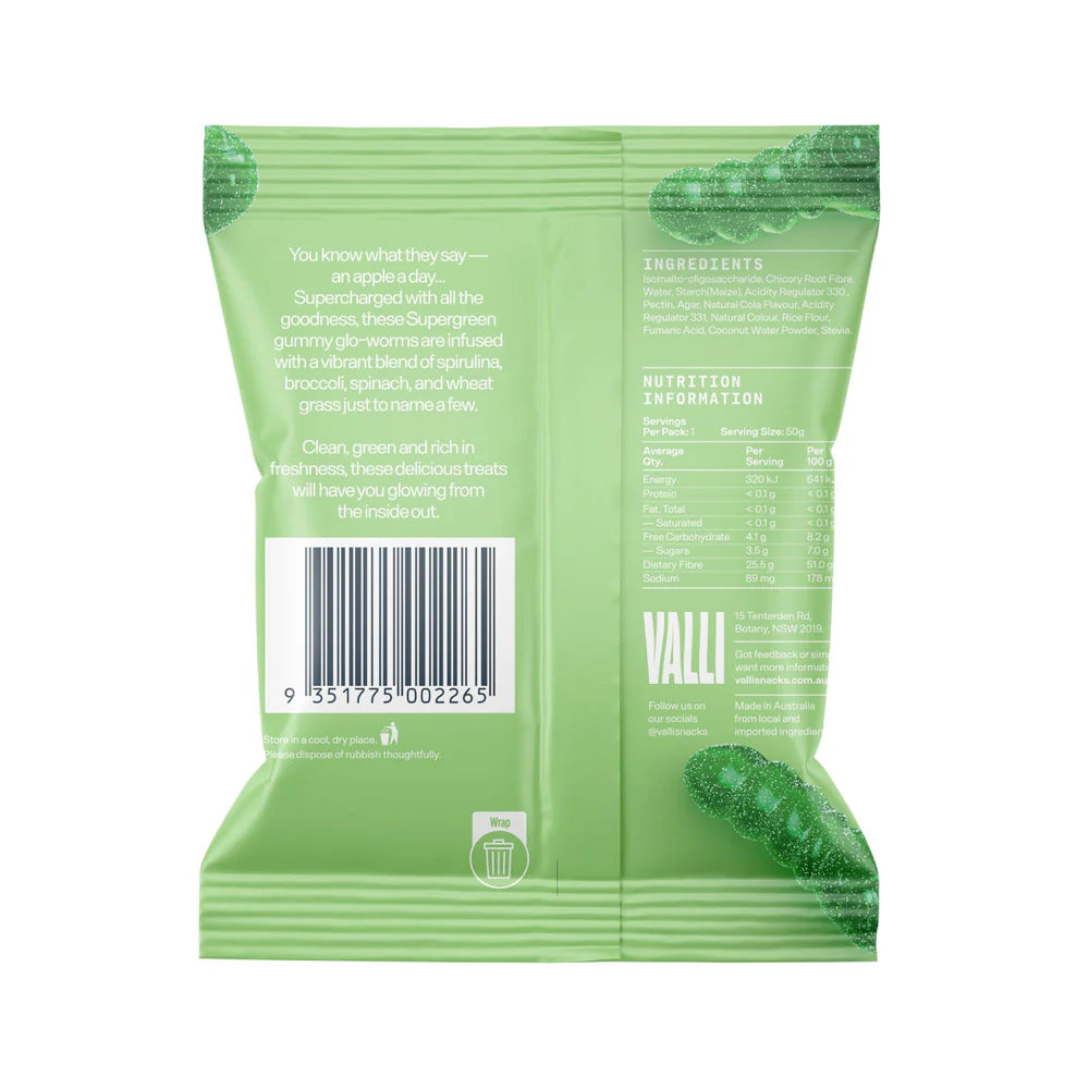 Valli Snacks Lollies Sour Apple Supergreen Glo-worms Sugar Free 50g