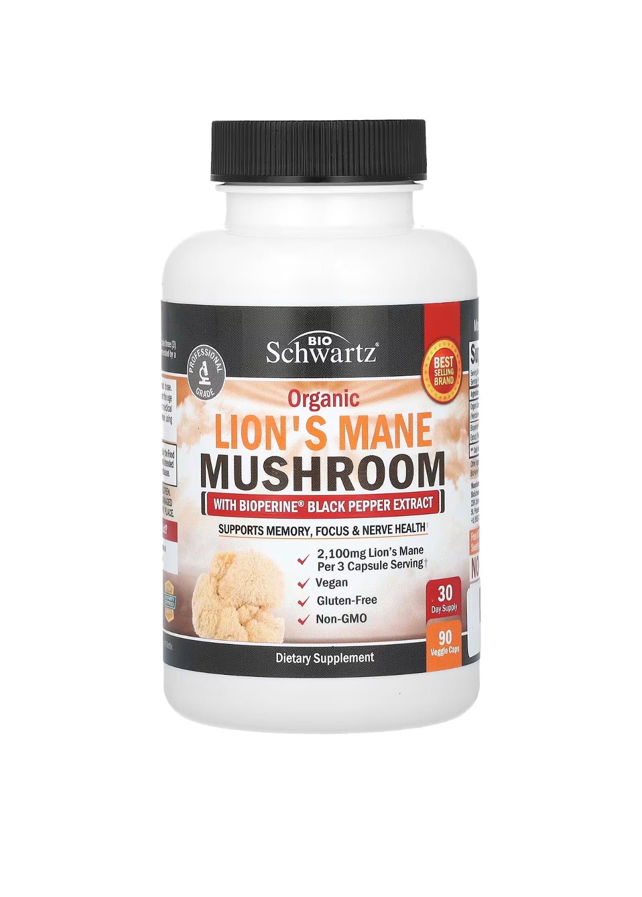 Organic Lions Mane Mushroom with bioperine black pepper extract 90 Veggie Caps