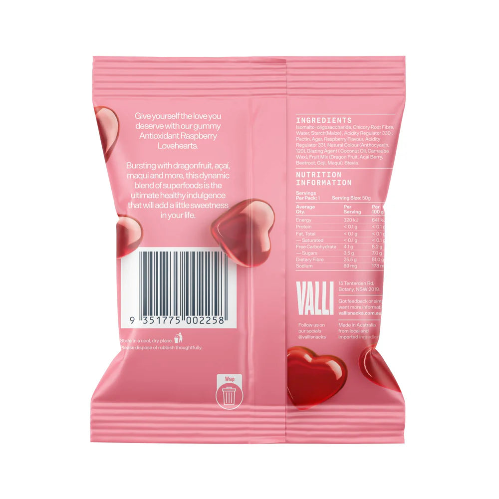 Valli Snacks Lollies Raspberry Antioxidant Lover Hearts Sugar free 50g