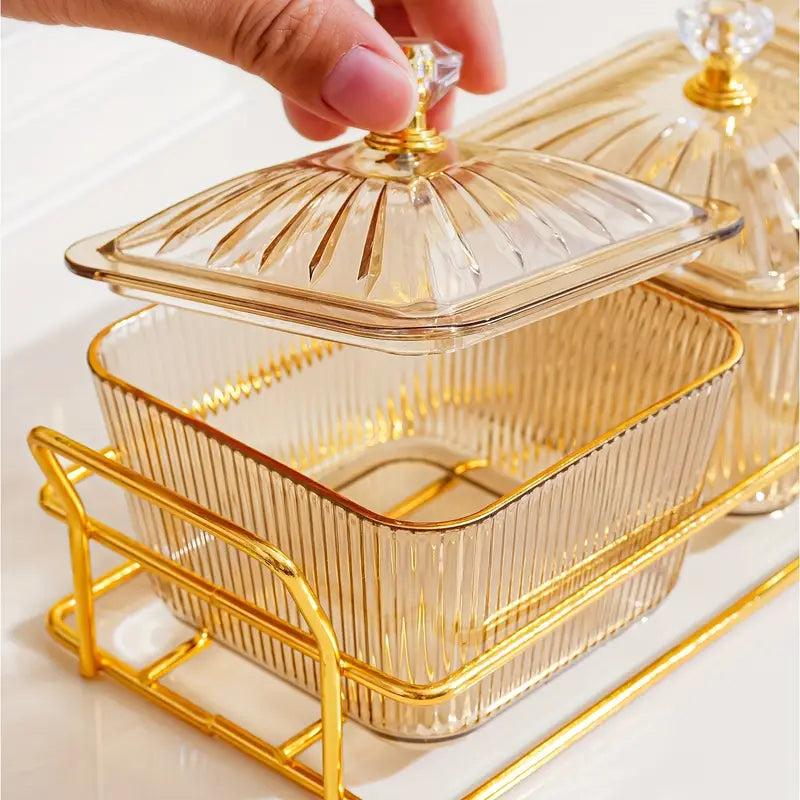 Luxurious Amber Snack Storage Set – 3 Square Plastic Containers with Lids, Gold – Elegant Organizer for Nuts, Dried Fruits & More