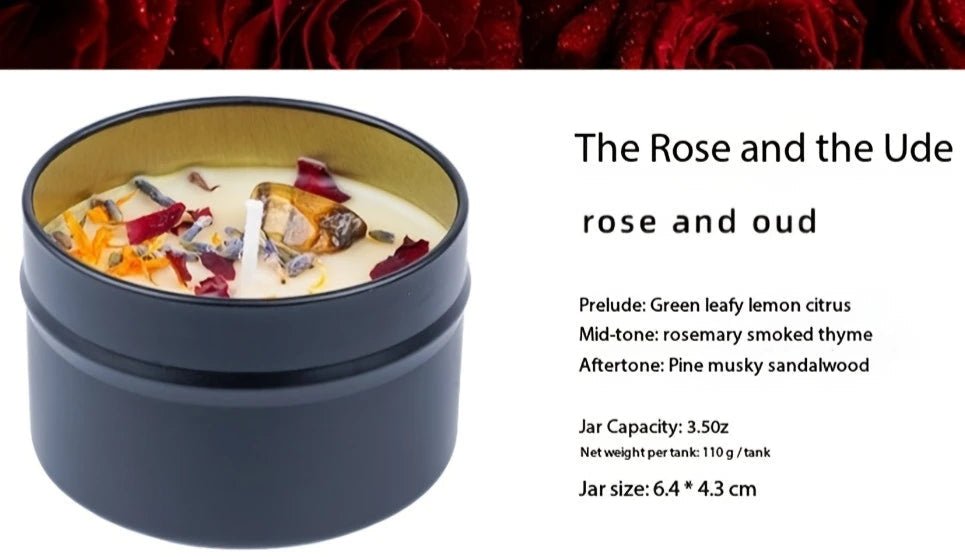 Decorative Velvet Rose & Oud Soy Candle – Botanical Scented Candle with Dried Floral Embellishments - Small Size