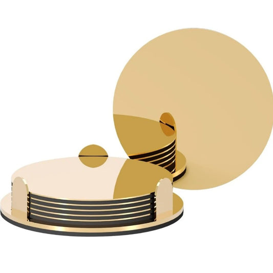 6pcs Elegant Polished Golden Stainless Steel Coasters with Stand | Elegant Table, Gifting & Party Decor