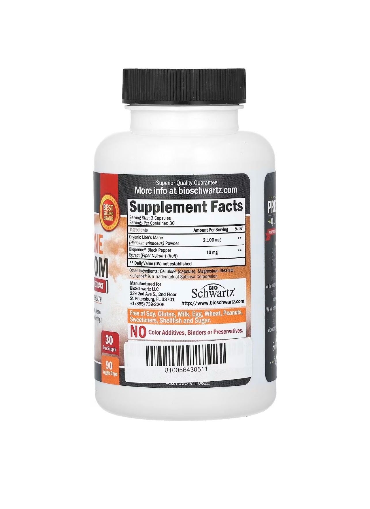 Organic Lions Mane Mushroom with bioperine black pepper extract 90 Veggie Caps