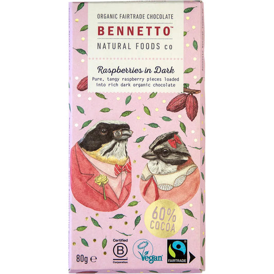 Bennetto Organic Dark Chocolate Raspberries In Dark 80g (Contains Raw Cane Sugar)