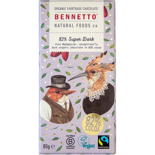 Bennetto Organic Dark Chocolate 82% Super Dark 80g (Contains Raw Cane Sugar)