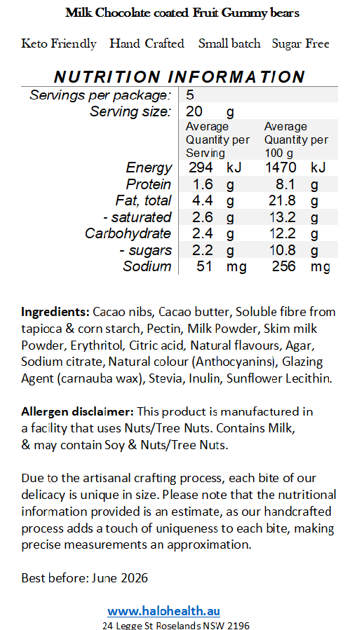 PRE-ORDER Handcrafted Keto Milk Chocolate - Chocolate Coated Fruity Gummy Bears 100g