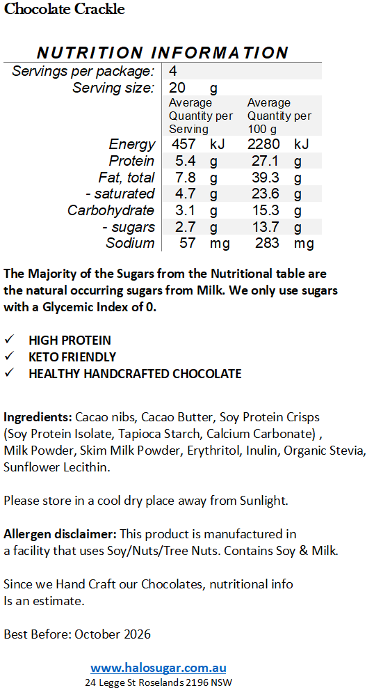 NEW! Halo Sugar Handcrafted Sugar Free Milk Chocolate - Chocolate Crackle