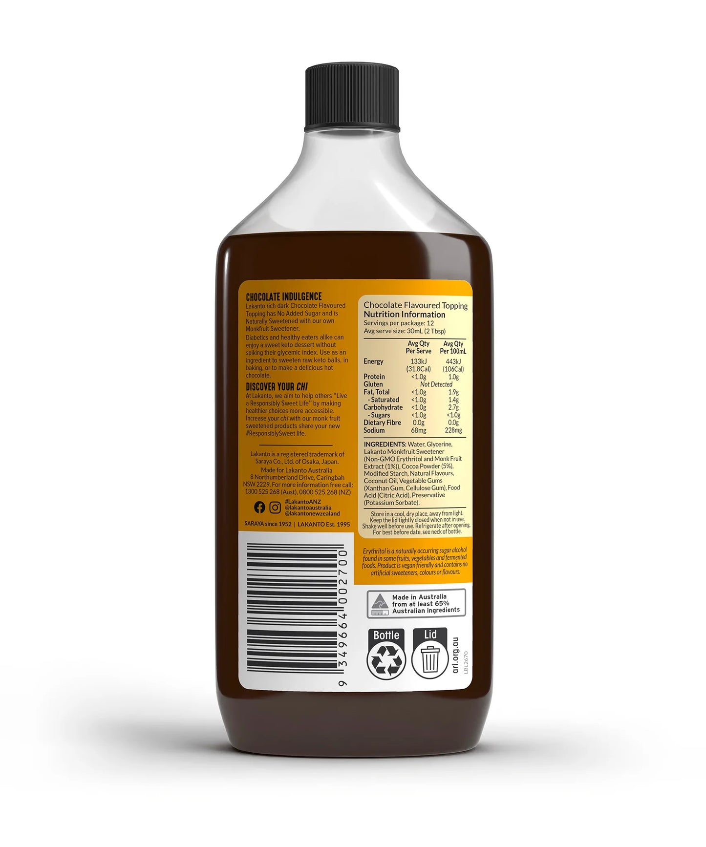 Lakanto Chocolate Flavoured Topping with Monkfruit Sweetener 360ml