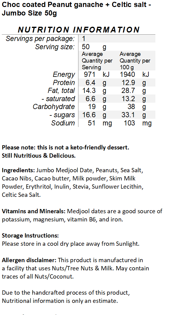 PRE-ORDER Fresh Batch Halo Sugar Sugar-Free Milk Chocolate Coated Jumbo Medjool Date with Peanut ganache + Celtic Salt