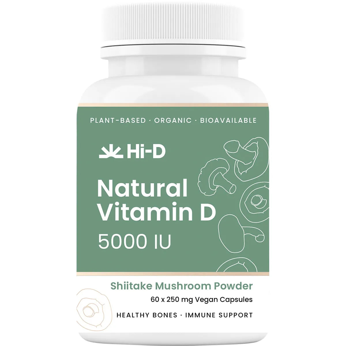 Hi-D Natural Vitamin D 5000 IU 60 Caps Organic Shiitake Mushrooms