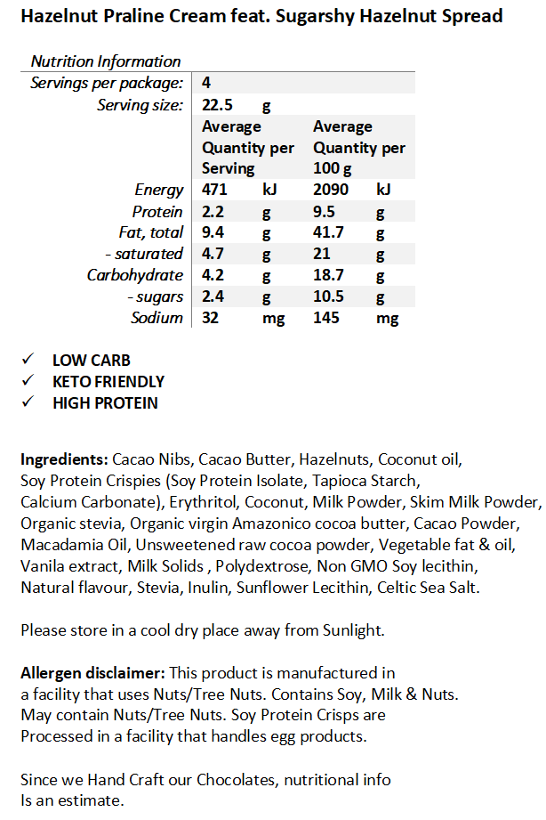 PRE-ORDER NEW! Halo Sugar - Sugar Free Milk Chocolate - Hazelnut Praline Cream 90g