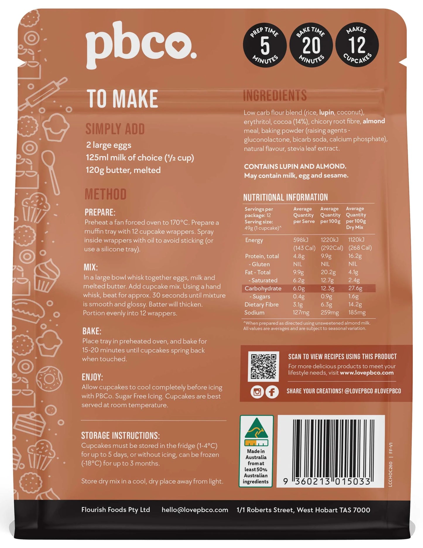 PBCo Low Carb Chocolate Cupcake Mix - 260g