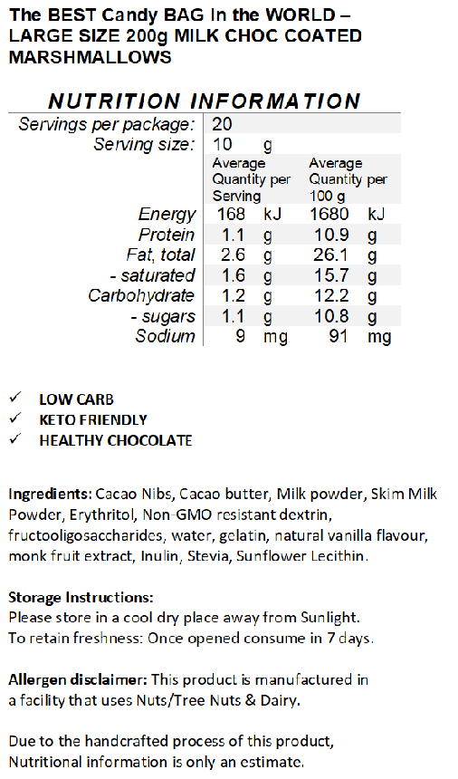 PRE - ORDER Halo Sugar Keto Milk Chocolate Coated Marshmallows Large bag 200g