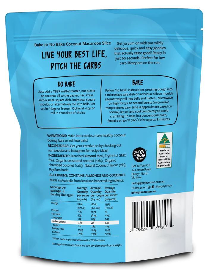 Get Ya Yum On Coconut Macaroon Slice 60g - NO BAKE OR BAKE