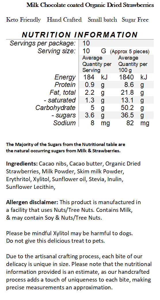 PRE-ORDER Handcrafted Keto Milk Chocolate - Chocolate Coated Dried Organic Strawberries 100g