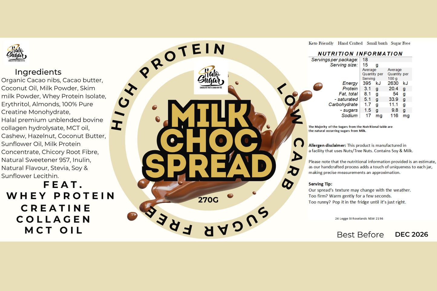 NEW LIMITED EDITION Halo Sugar Keto Milk Chocolate High Protein Spread 270g