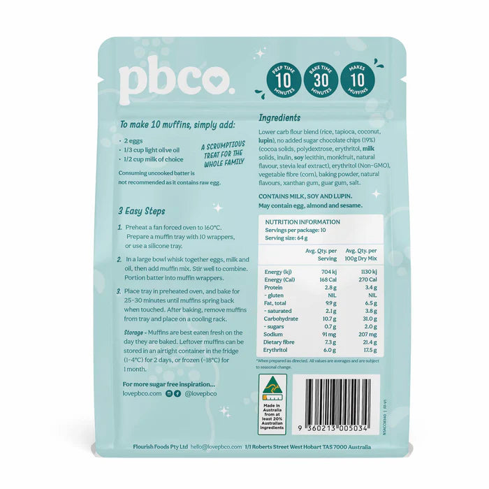 PBCo Choc Chip Muffin Mix No Sugar Added 340g