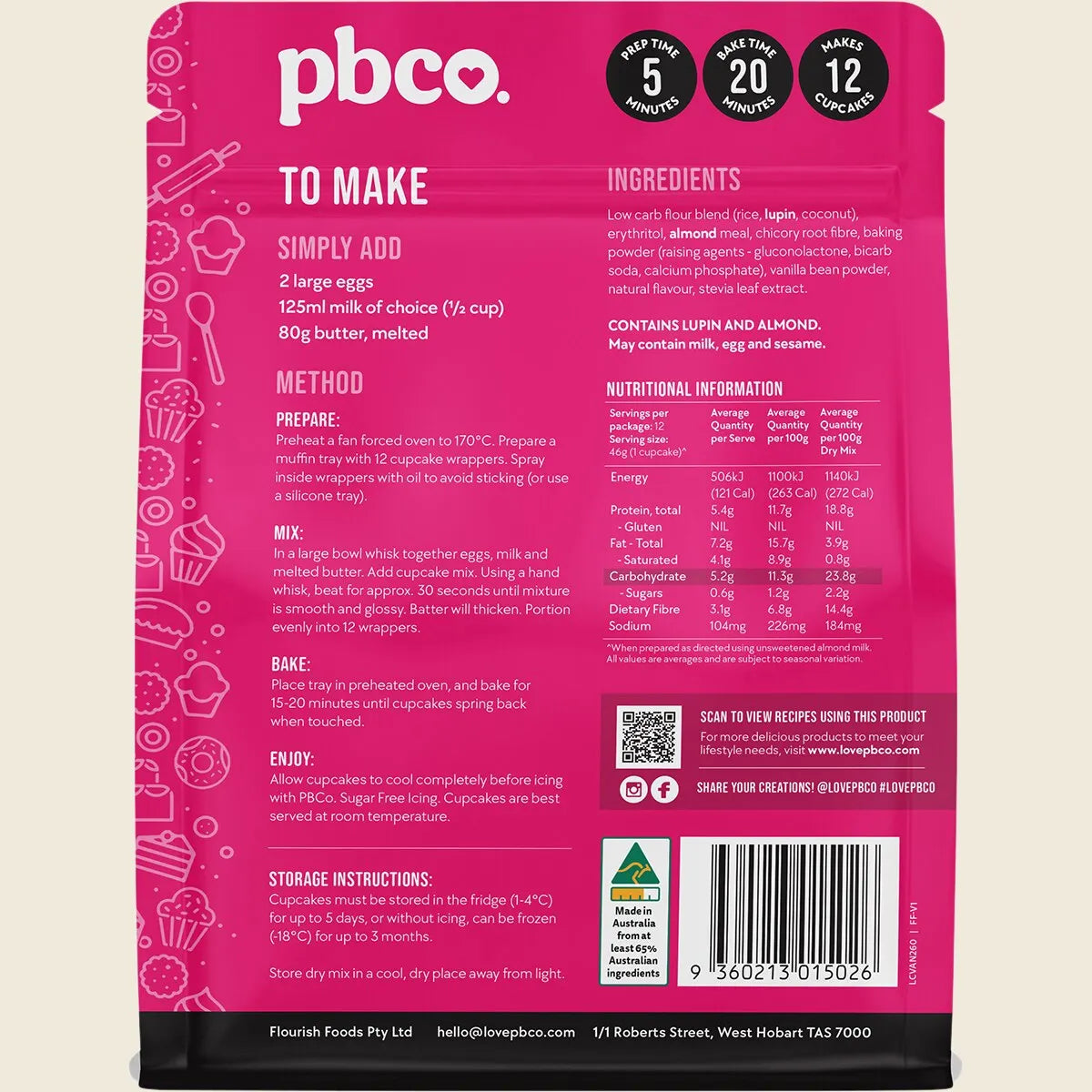 PBCo Vanilla Cupcake Mix Low Carb 260g