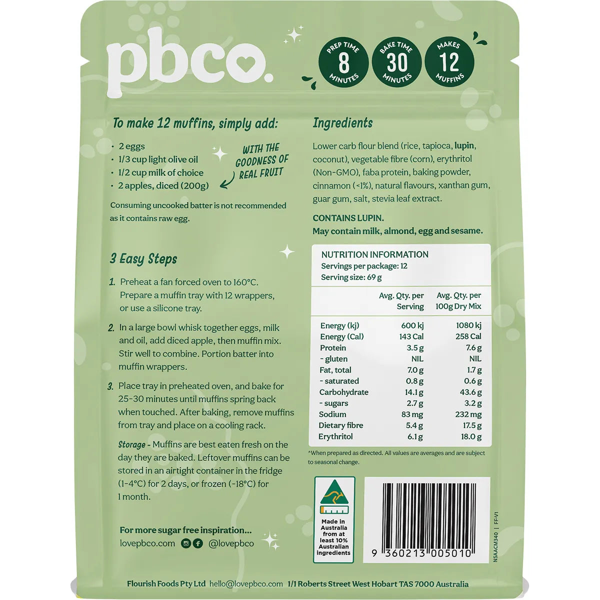 PBCo Apple Cinnamon Muffin Mix No Sugar Added 340g