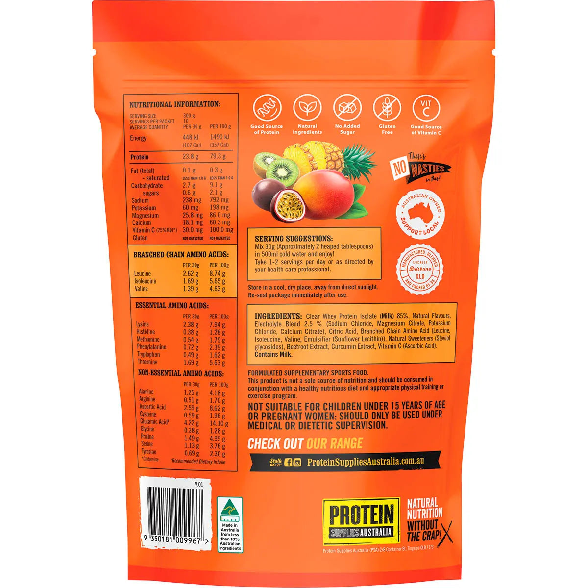 Protein Supplies Australia Protein Water (contains Electrolytes + BCAAs) Tropical Punch 300g
