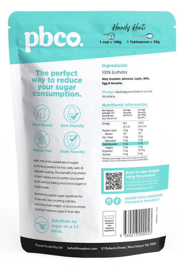 PBCo Erythritol Natural Sweetener 600g
