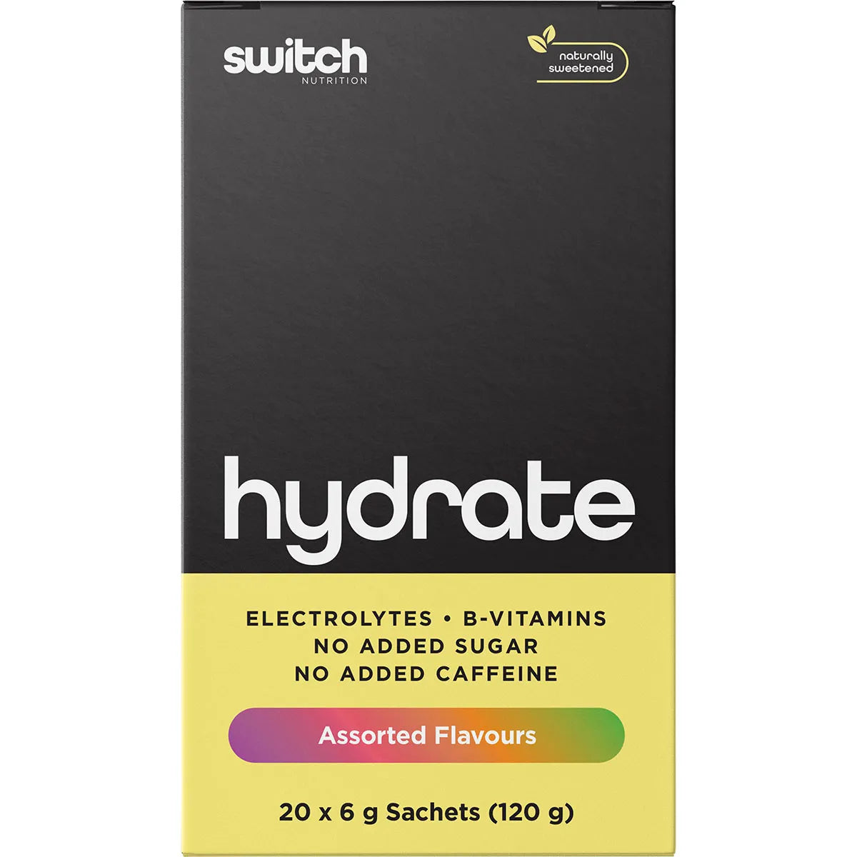NEW Switch Nutrition Hydrate Electrolytes No Added Sugar Assorted Flavours 20 x 6g Serve Sachet box