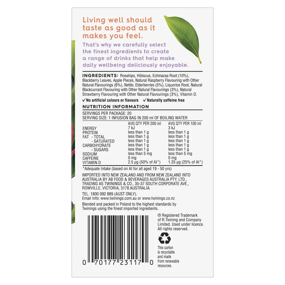 Twinings Live Well Immune Support + Blackcurrant Raspberry Echinacea Elderberry Vitamin D20 Tea Bags 40g
