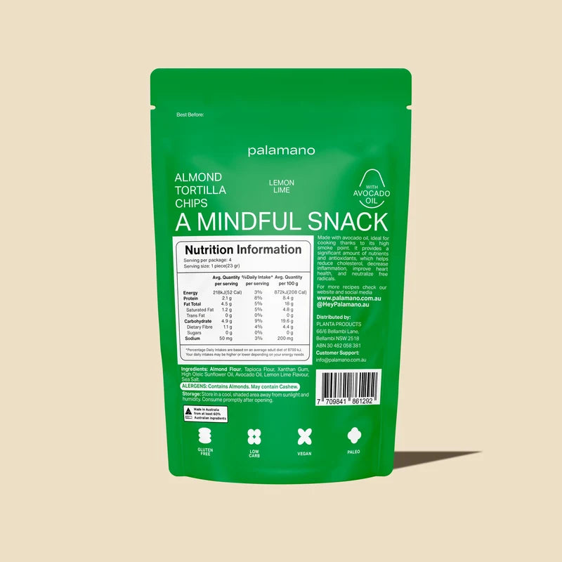Almond Tortilla Chips – Lemon Lime 90g