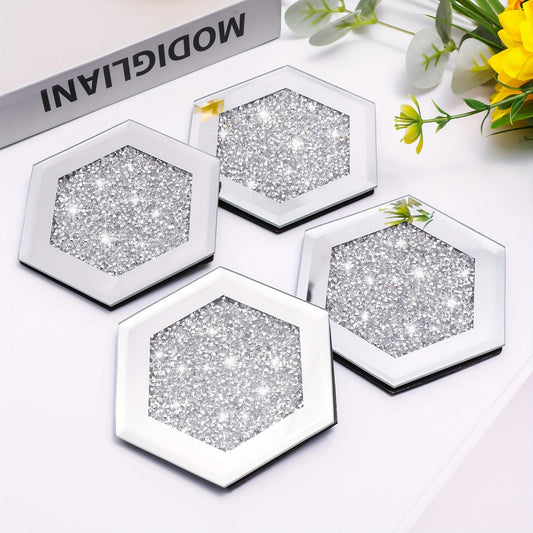 4pcs Crystal Glass Mirror Coasters – Hexagonal with Diamond Detailing | Elegant Table, Gifting & Party Decor