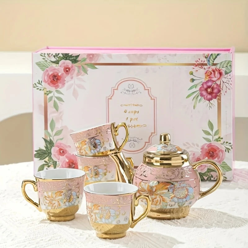 5-Piece Pink floral Gilded Ceramic Tea Set – 1 Teapot & 4 Teacups | European Turkish Arabic Style Coffee & Tea Gift Set