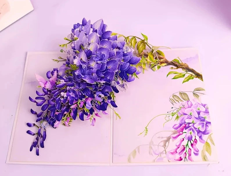 3D Wisteria Flower Pop-Up Greeting Card – Purple Floral Design with Green Leaves – Elegant Paper Card for any occasion