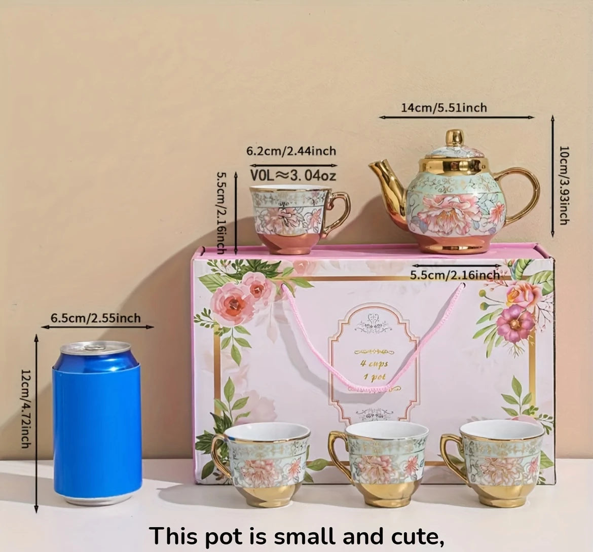 5-Piece Pink floral Gilded Ceramic Tea Set – 1 Teapot & 4 Teacups | European Turkish Arabic Style Coffee & Tea Gift Set