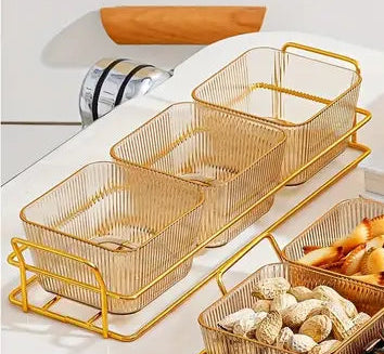 Luxurious Amber Snack Storage Set – 3 Square Plastic Containers with Lids, Gold – Elegant Organizer for Nuts, Dried Fruits & More