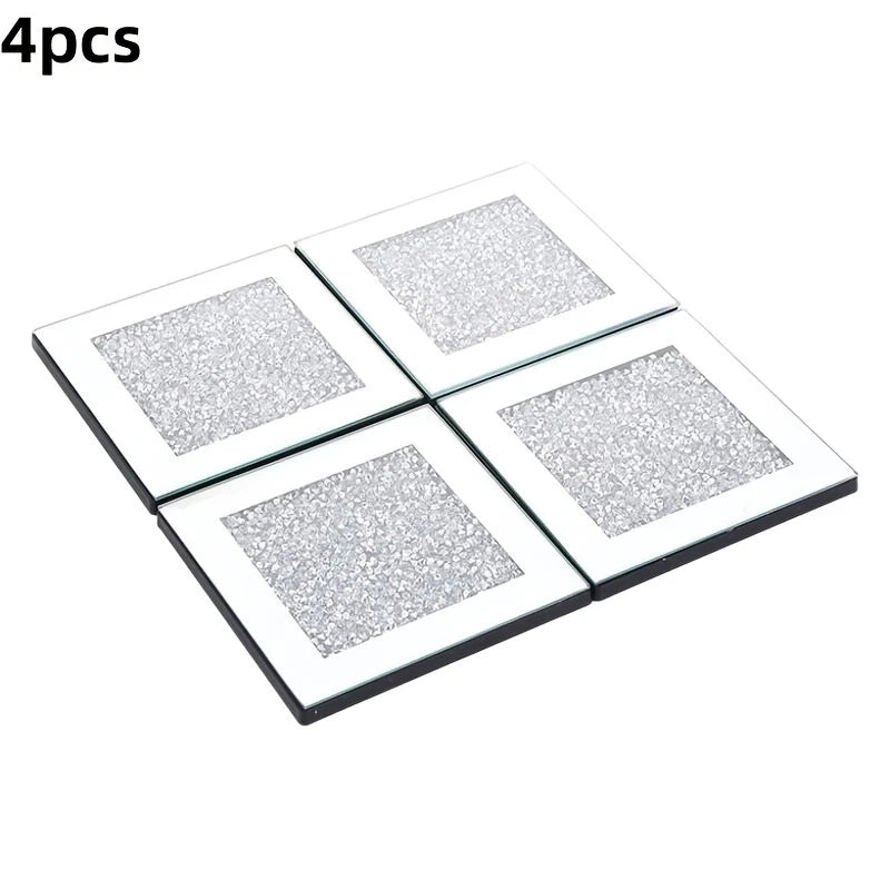 4pcs Crystal Glass Mirror Coasters – Square with Diamond Detailing | Elegant Table, Gifting & Party Decor