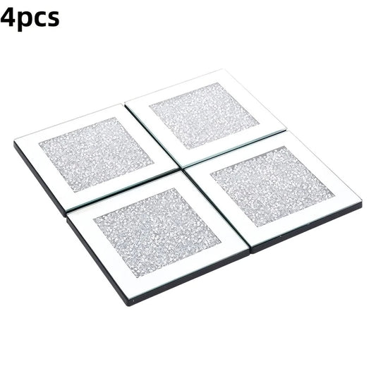 4pcs Crystal Glass Mirror Coasters – Square with Diamond Detailing | Elegant Table, Gifting & Party Decor